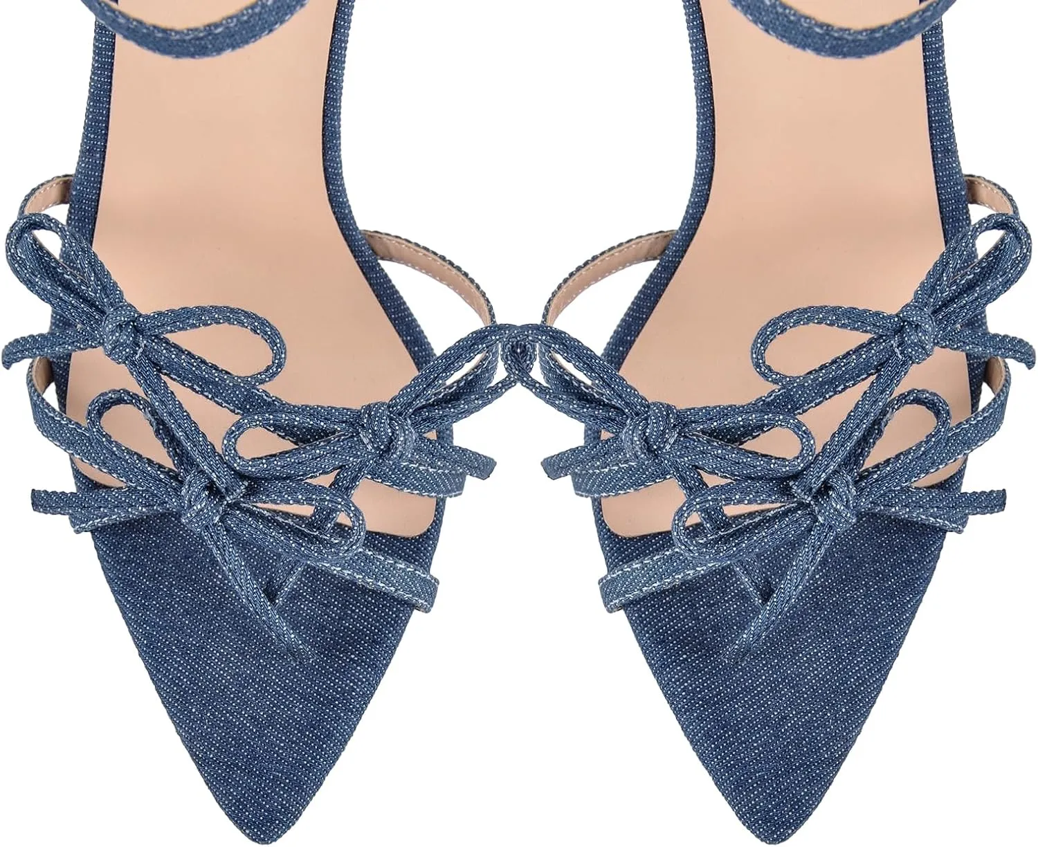 richealnini Denim Blue Bows Heels for Women Ankle Buckle Strap Heeled Sandals Sexy Open Pointed Toe Stilettos Wedding Date Dress Shoes
