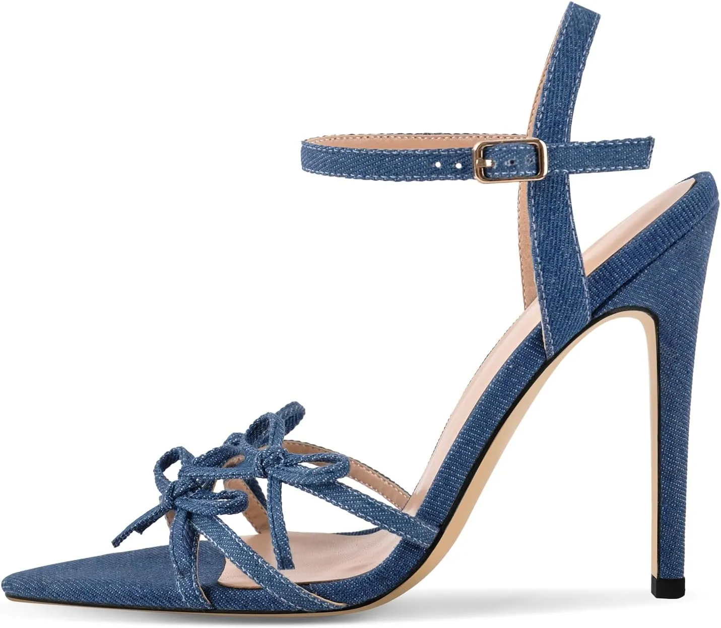 richealnini Denim Blue Bows Heels for Women Ankle Buckle Strap Heeled Sandals Sexy Open Pointed Toe Stilettos Wedding Date Dress Shoes