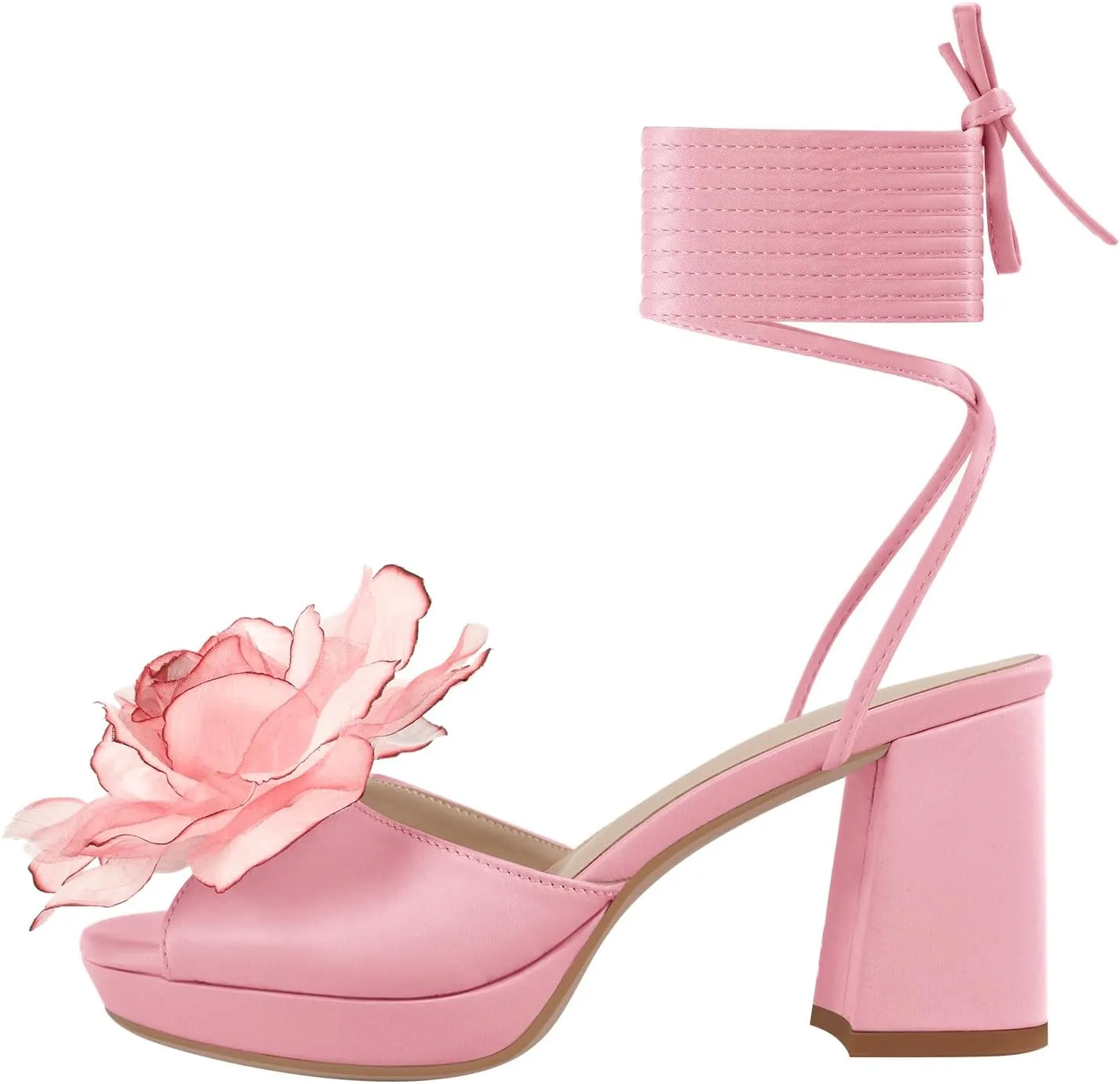 richealnini Floral Ankle Strappy Heel Sandals for Women Lace Up Block Heels