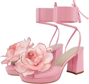 richealnini Floral Ankle Strappy Heel Sandals for Women Lace Up Block Heels