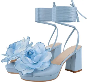 richealnini Floral Ankle Strappy Heel Sandals for Women Lace Up Block Heels