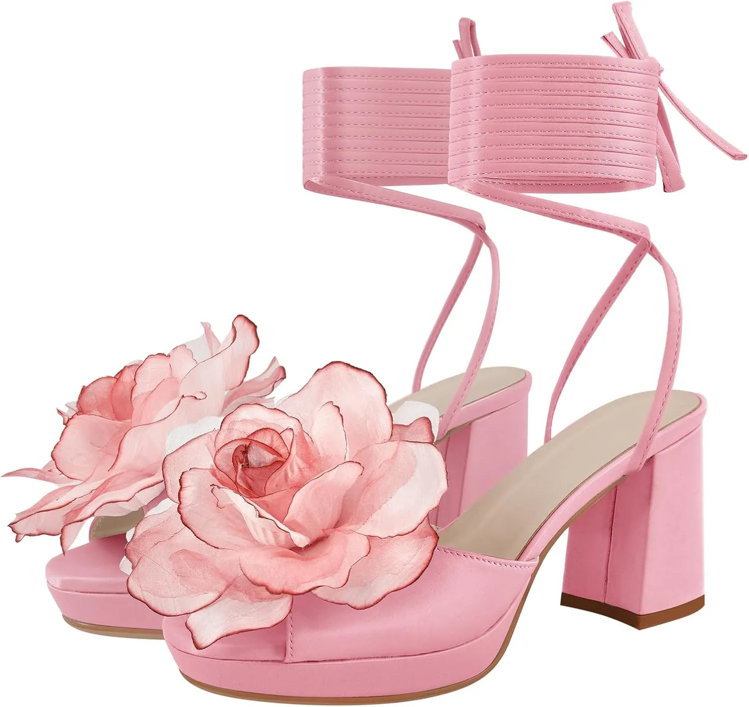 richealnini Floral Ankle Strappy Heel Sandals for Women Lace Up Block Heels
