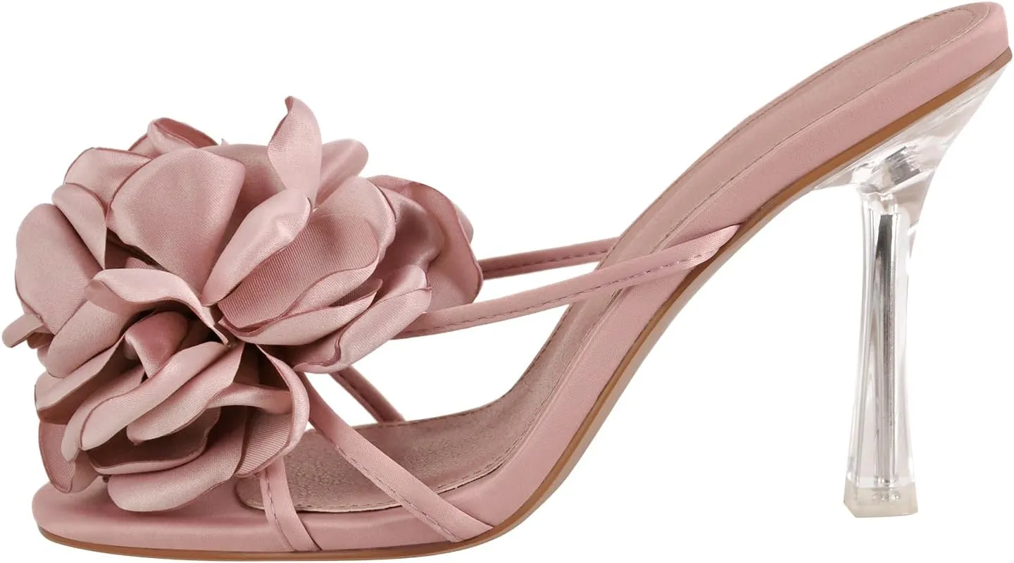richealnini Floral Heels Sandals for Women Slip On Clear Heels Square Toe Stilettos
