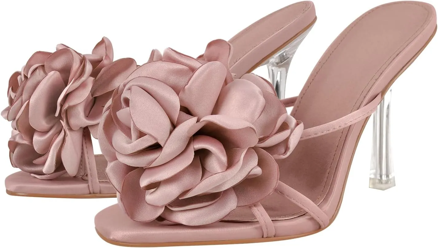richealnini Floral Heels Sandals for Women Slip On Clear Heels Square Toe Stilettos