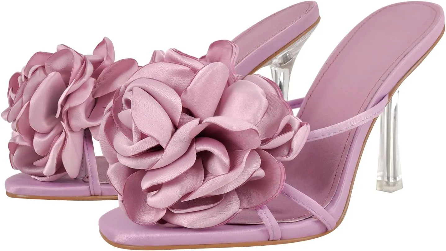 richealnini Floral Heels Sandals for Women Slip On Clear Heels Square Toe Stilettos