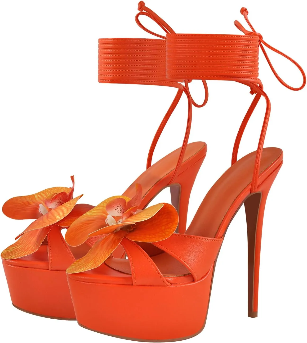 richealnini Floral Orchid Heels for Women Ankle Strap Platform Sandals Open Toe Flowers Strappy Stiletto High Heels