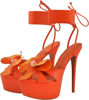 richealnini Floral Orchid Heels for Women Ankle Strap Platform Sandals Open Toe Flowers Strappy Stiletto High Heels