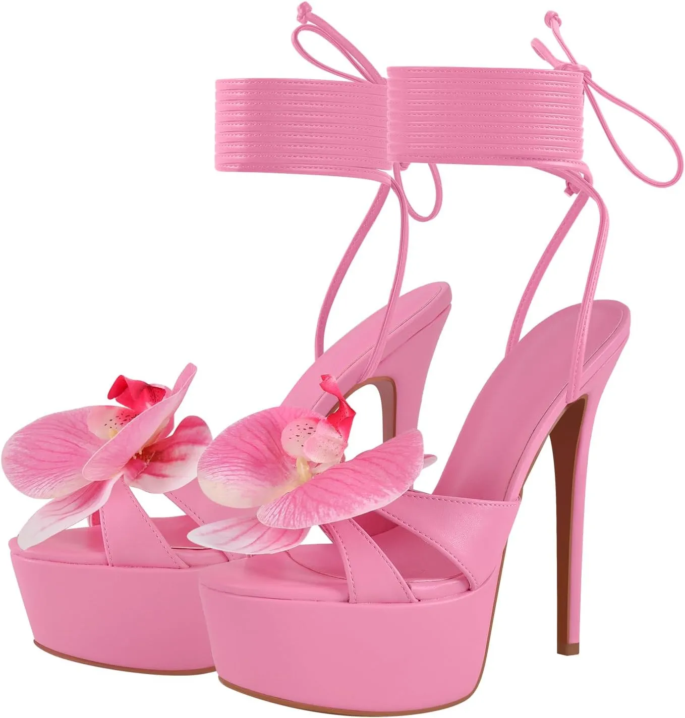 richealnini Floral Orchid Heels for Women Ankle Strap Platform Sandals Open Toe Flowers Strappy Stiletto High Heels
