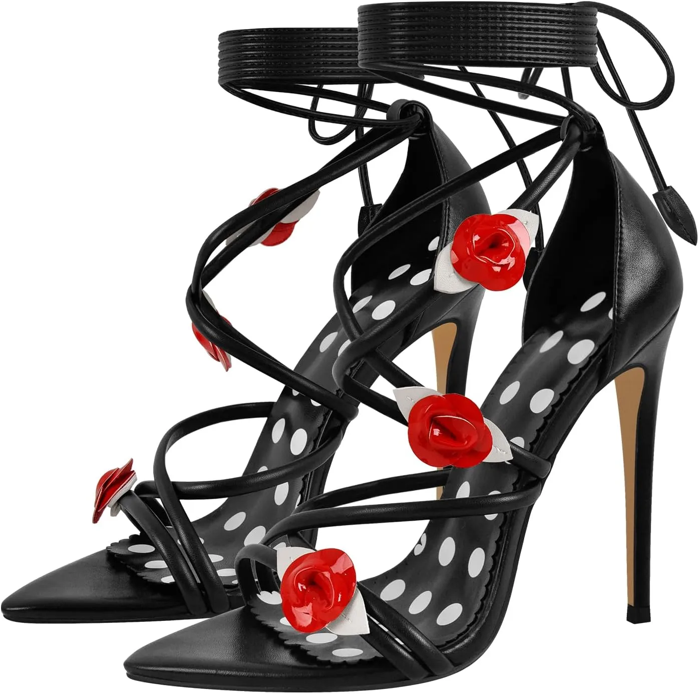 richealnini Flower Heels for Women Sexy Pointed Toe Strappy Sandals with Stiletto Ankle Strap Floral Lace Up Party Wedding Shoes