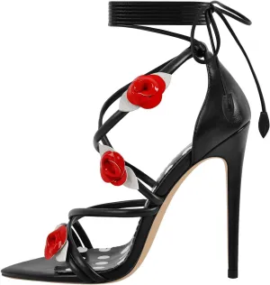 richealnini Flower Heels for Women Sexy Pointed Toe Strappy Sandals with Stiletto Ankle Strap Floral Lace Up Party Wedding Shoes