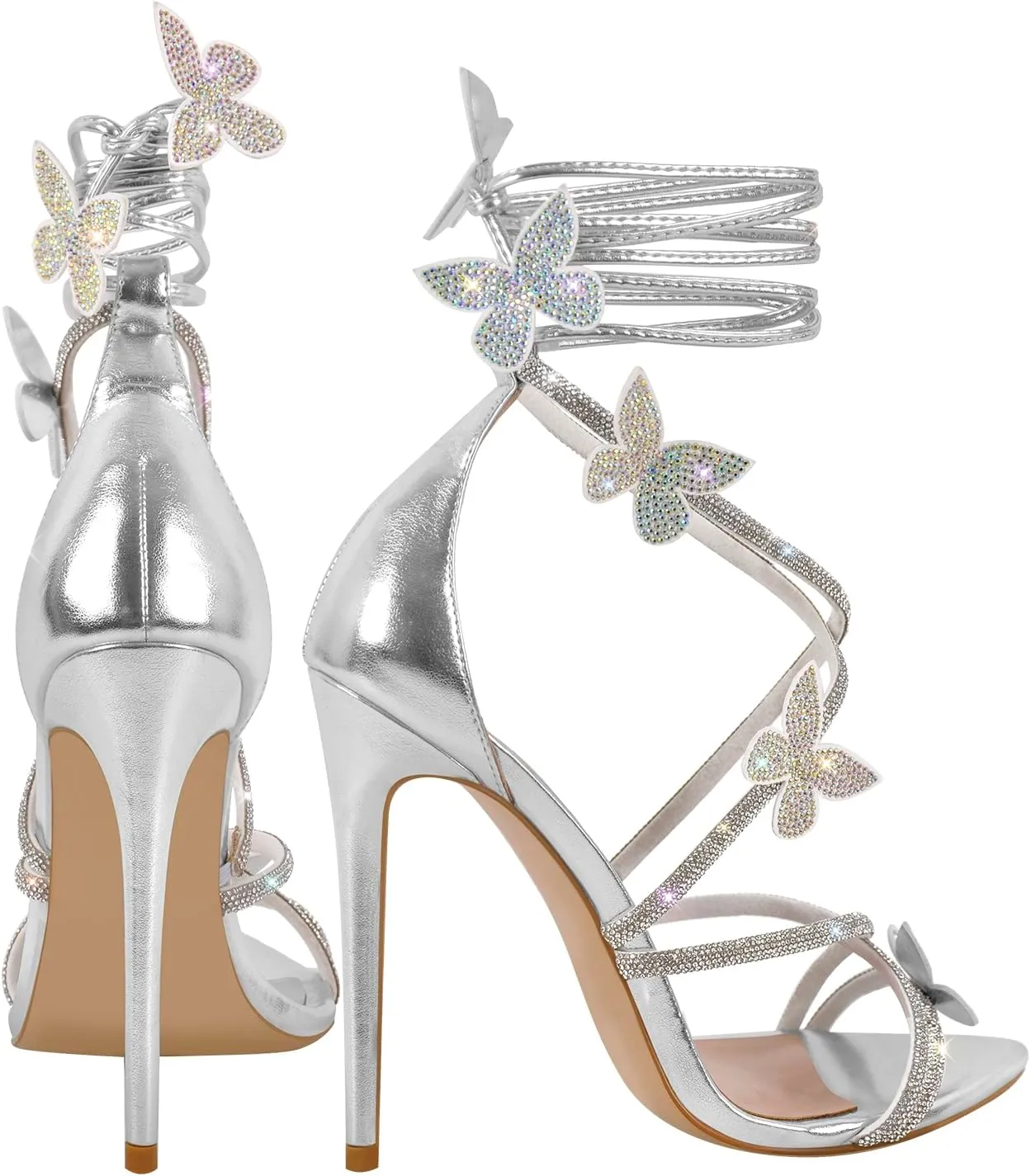 richealnini Glitter Sandals with Rhinestones Butterfly Strappy Heels Stiletto High Heels for Wedding Party