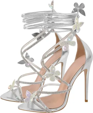 richealnini Glitter Sandals with Rhinestones Butterfly Strappy Heels Stiletto High Heels for Wedding Party