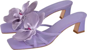 richealnini Orchid Heels for Women Slip On Floral Block Heels