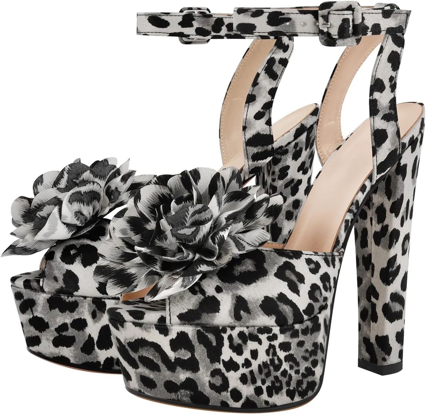 richealnini Platform Heel for Women Leopard Print Sandals Block Flower Heels