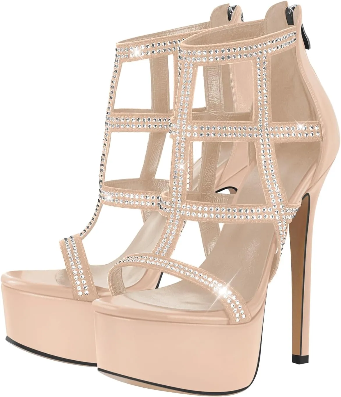richealnini Rhinestone Strap Platform Sandals with Back Zipper Crystal Crisscross Straps Ankle Wrap Stiletto Punk Heels