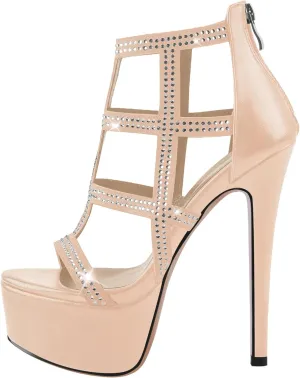 richealnini Rhinestone Strap Platform Sandals with Back Zipper Crystal Crisscross Straps Ankle Wrap Stiletto Punk Heels