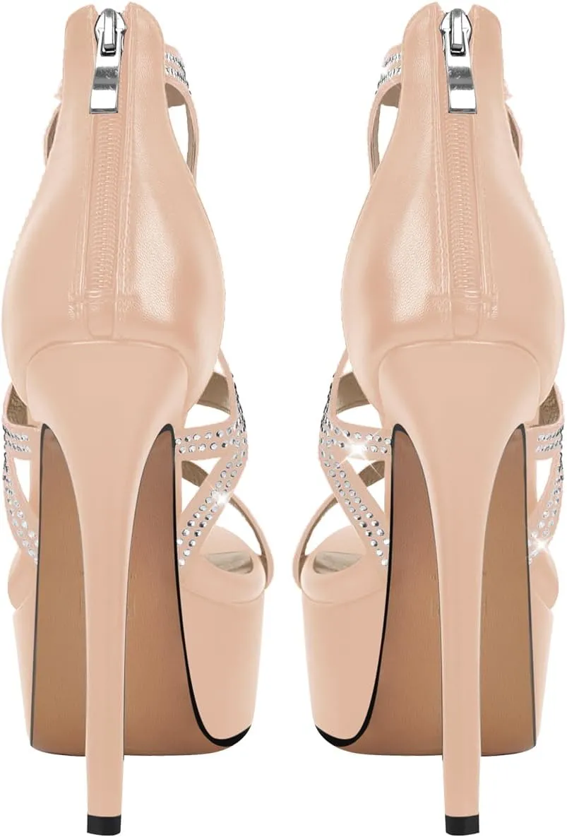 richealnini Rhinestone Strap Platform Sandals with Back Zipper Crystal Crisscross Straps Ankle Wrap Stiletto Punk Heels