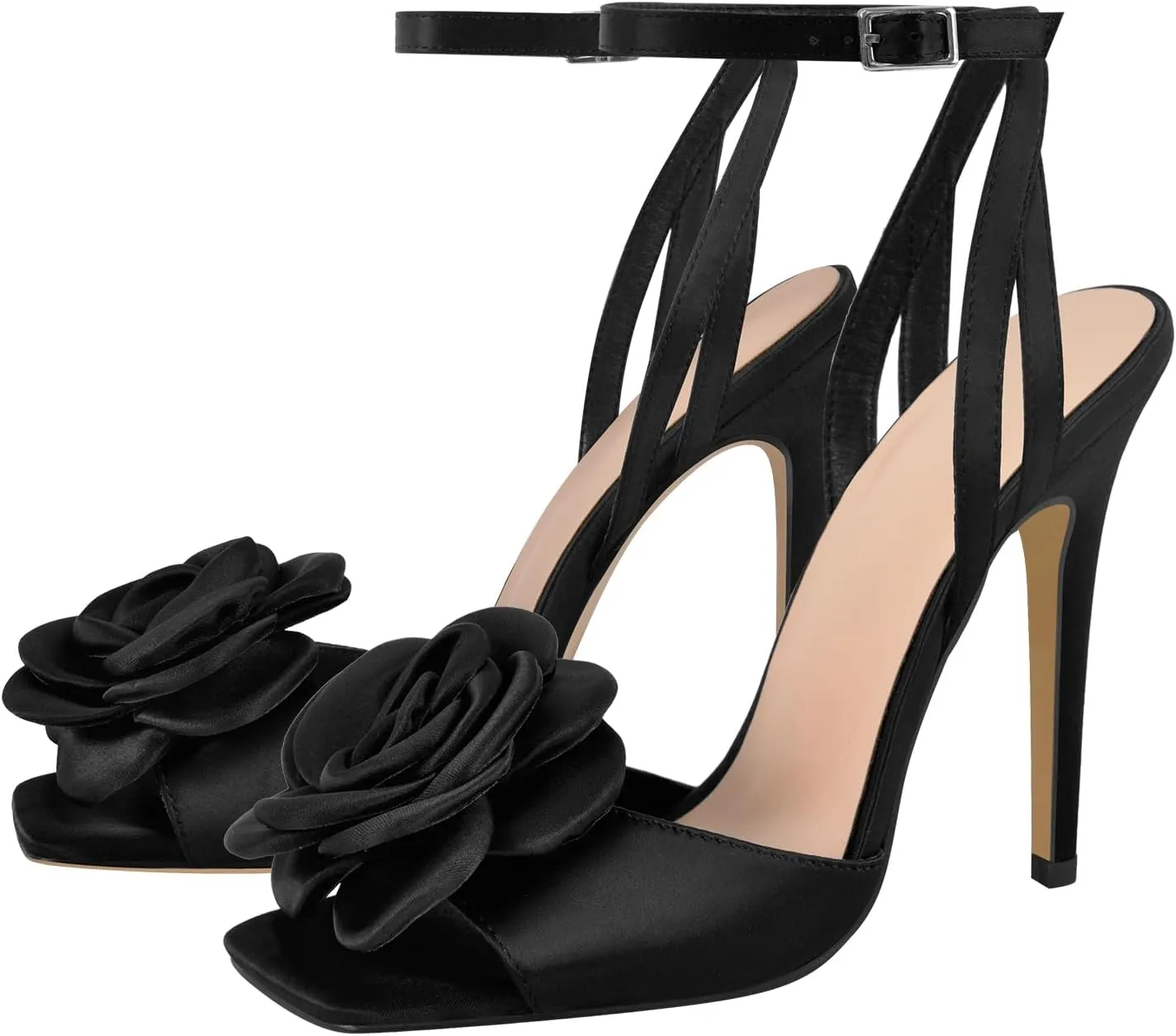 richealnini Satin Floral Sandals for Women Buckle Up Strappy Heel Square Toe Stiletto High Heels