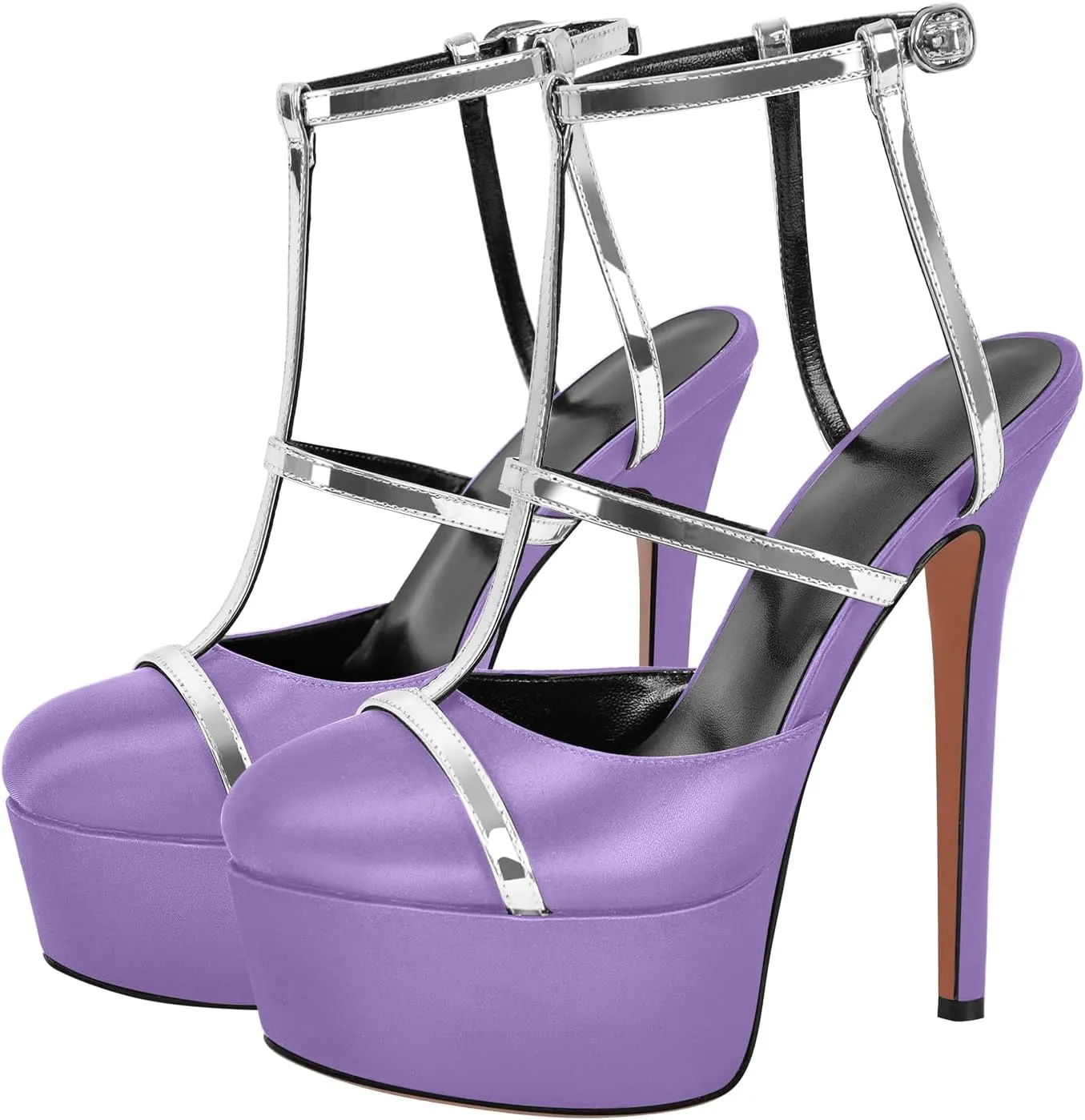 richealnini Silver Strap Heels for Women Closed Toe Platform Sandals Ankle Buckle Strap Slingback Stiletto High Heels Dress Shoes