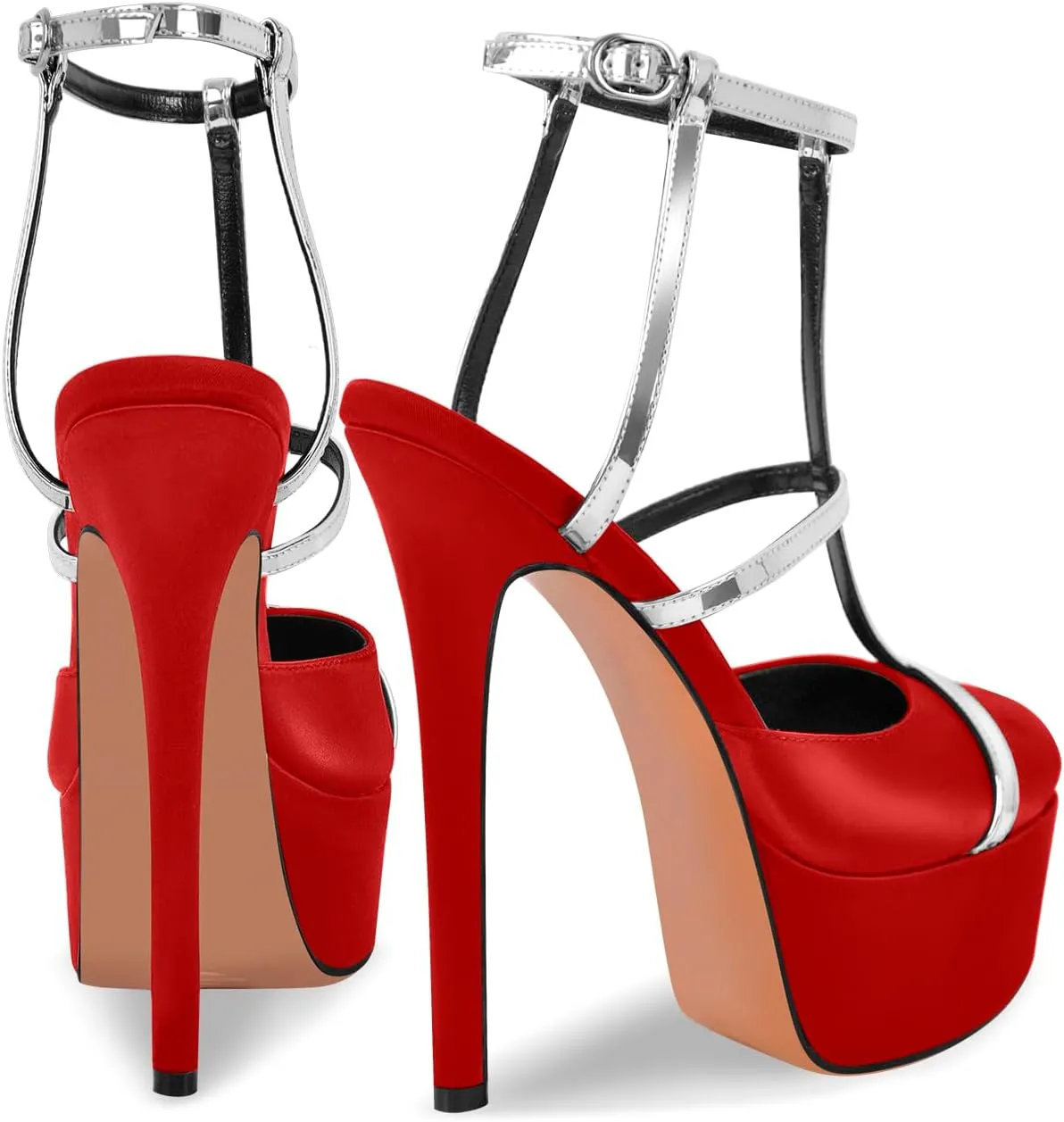 richealnini Silver Strap Heels for Women Closed Toe Platform Sandals Ankle Buckle Strap Slingback Stiletto High Heels Dress Shoes