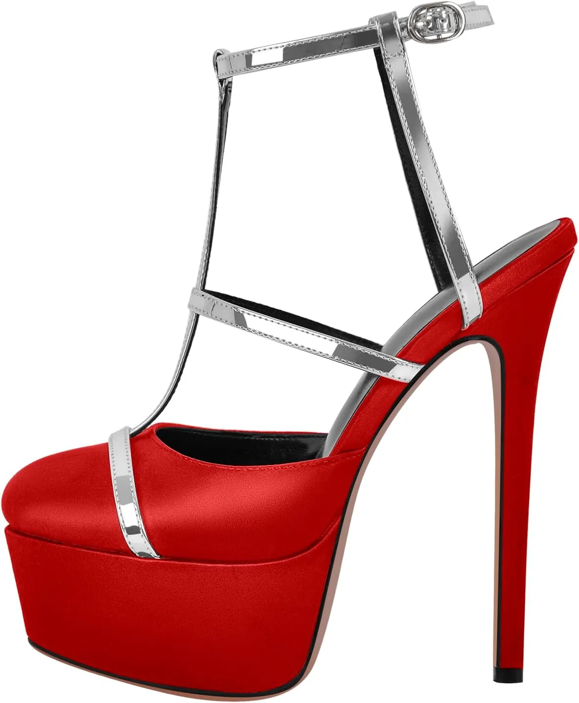 richealnini Silver Strap Heels for Women Closed Toe Platform Sandals Ankle Buckle Strap Slingback Stiletto High Heels Dress Shoes
