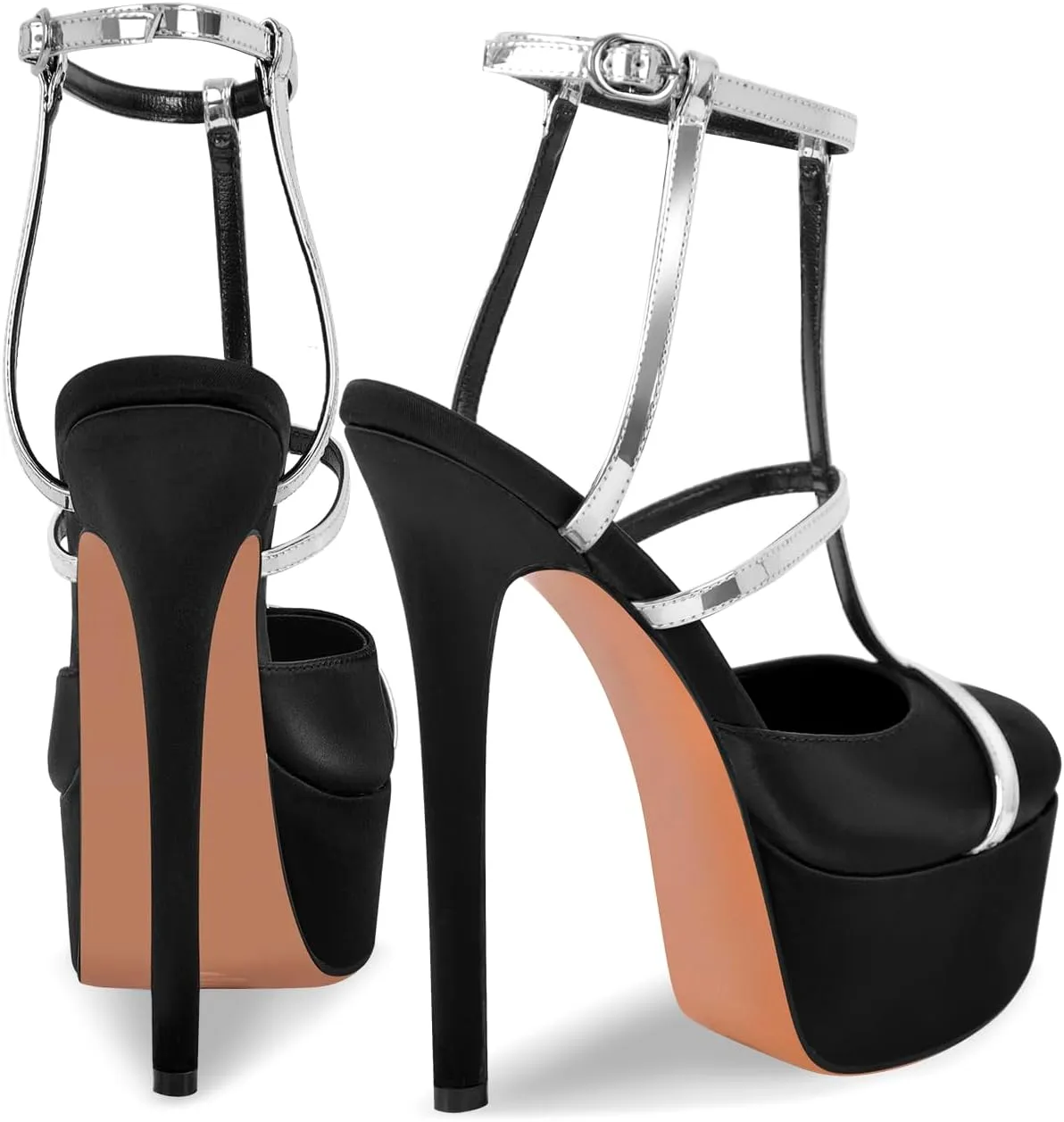 richealnini Silver Strap Heels for Women Closed Toe Platform Sandals Ankle Buckle Strap Slingback Stiletto High Heels Dress Shoes