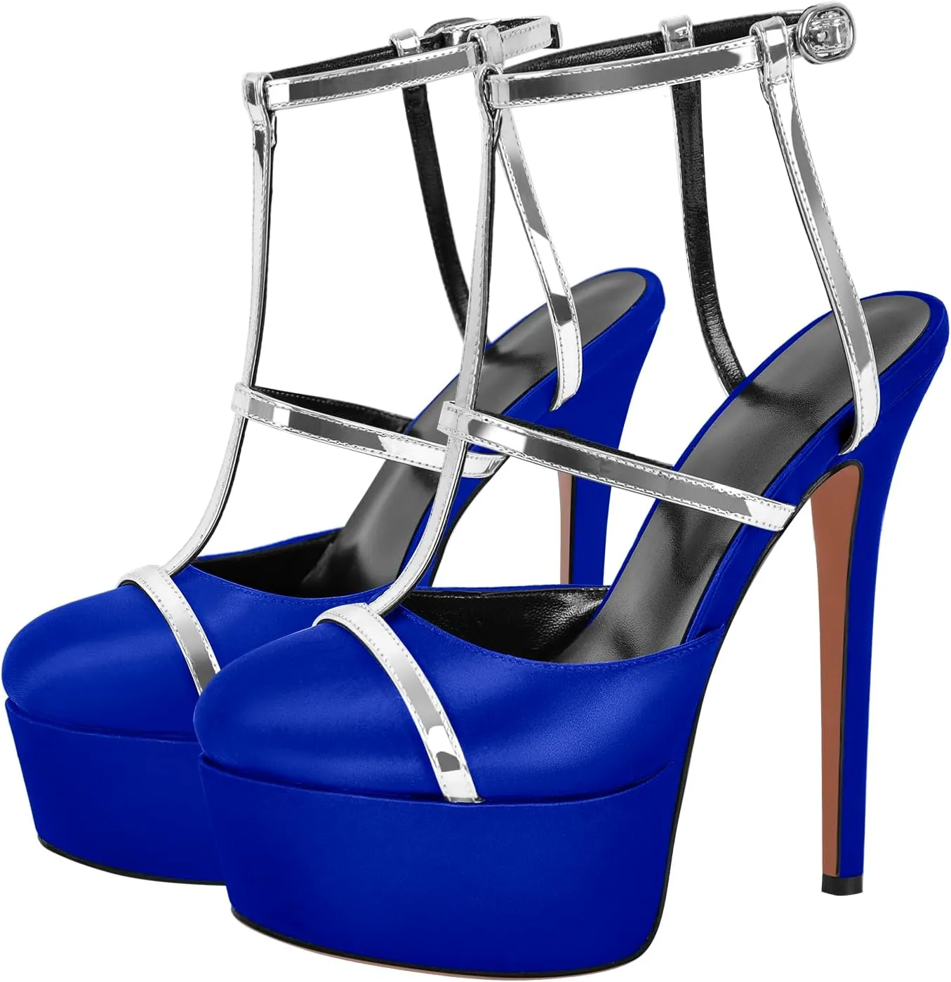 richealnini Silver Strap Heels for Women Closed Toe Platform Sandals Ankle Buckle Strap Slingback Stiletto High Heels Dress Shoes
