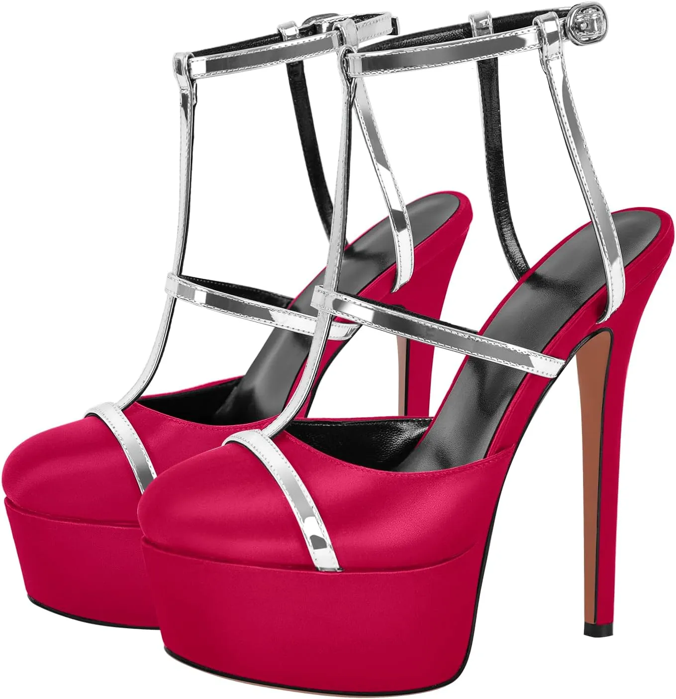 richealnini Silver Strap Heels for Women Closed Toe Platform Sandals Ankle Buckle Strap Slingback Stiletto High Heels Dress Shoes