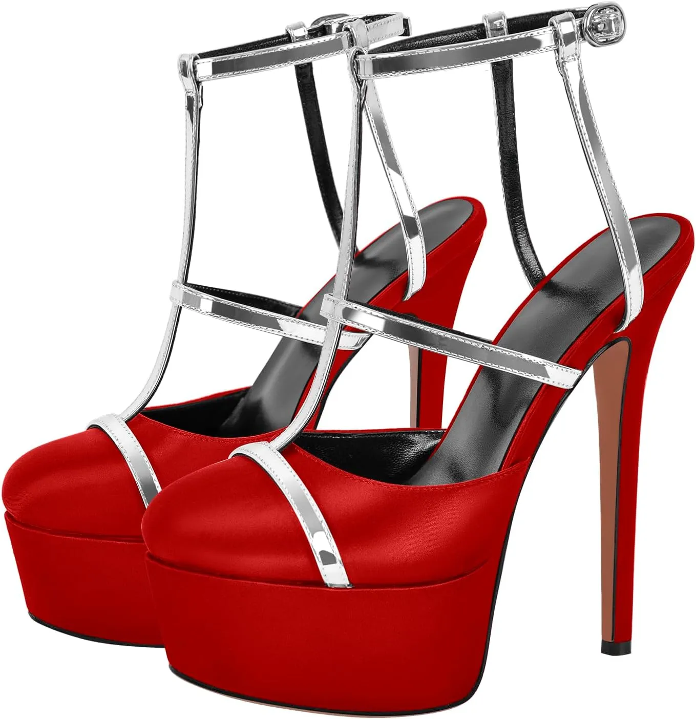 richealnini Silver Strap Heels for Women Closed Toe Platform Sandals Ankle Buckle Strap Slingback Stiletto High Heels Dress Shoes