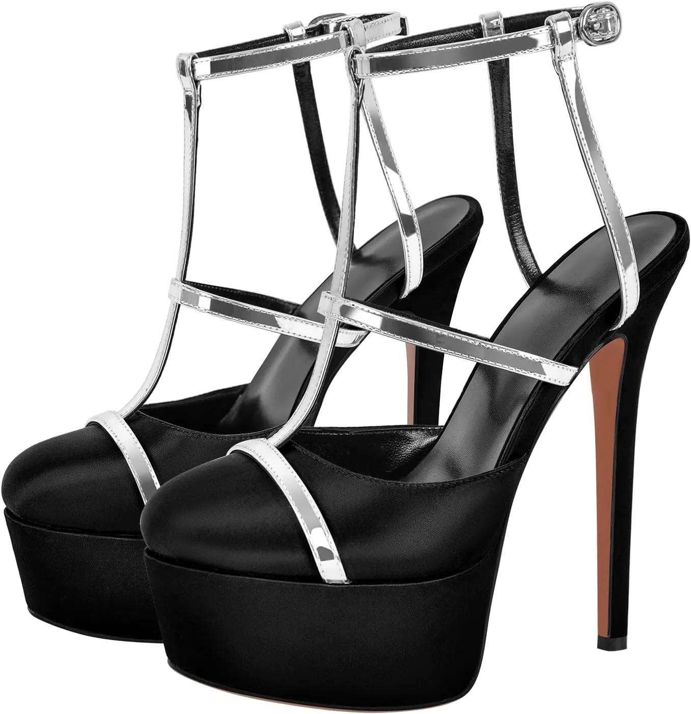 richealnini Silver Strap Heels for Women Closed Toe Platform Sandals Ankle Buckle Strap Slingback Stiletto High Heels Dress Shoes