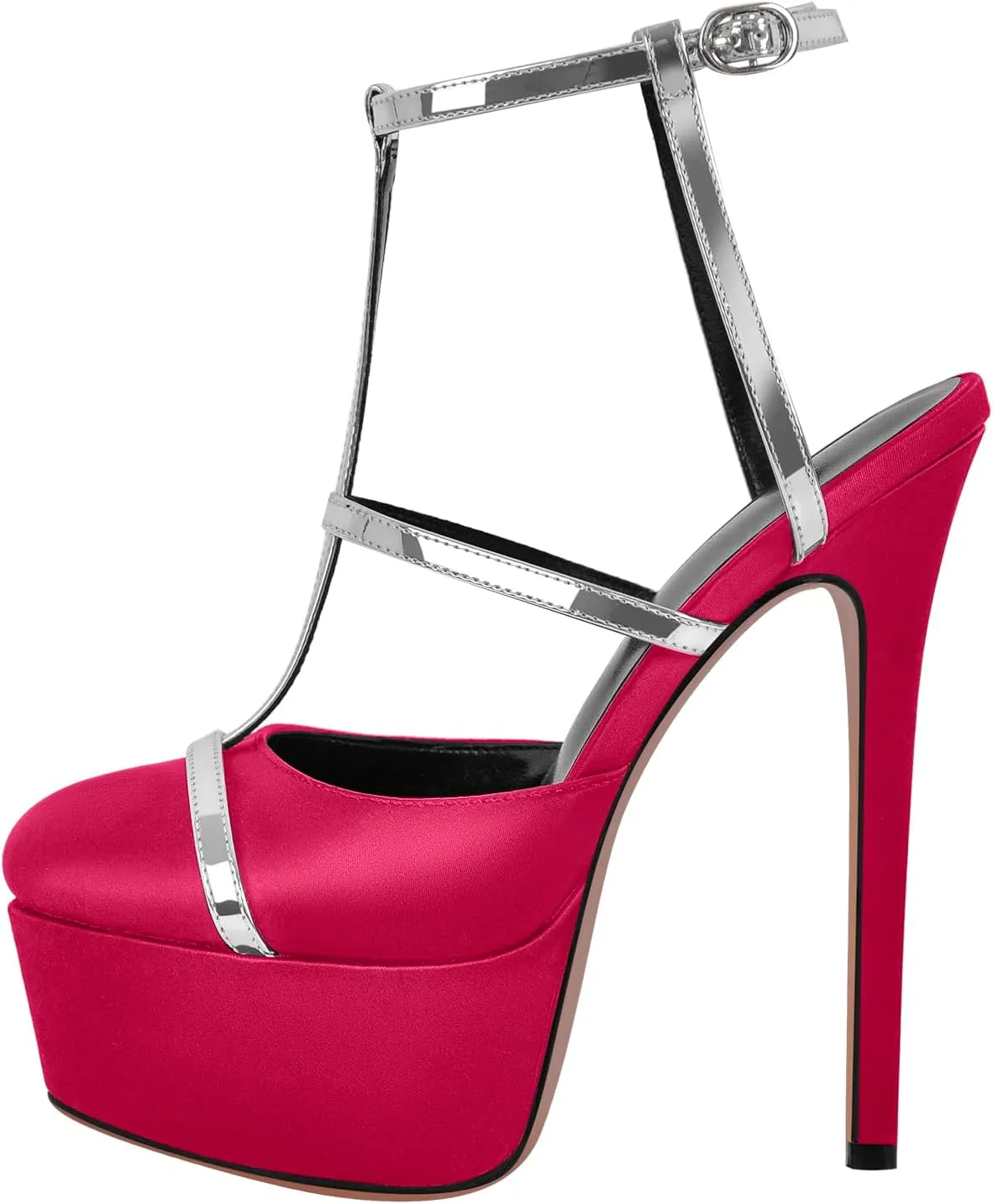 richealnini Silver Strap Heels for Women Closed Toe Platform Sandals Ankle Buckle Strap Slingback Stiletto High Heels Dress Shoes
