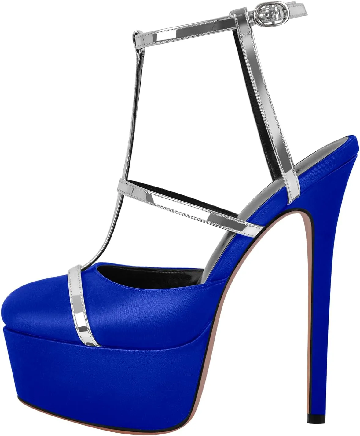 richealnini Silver Strap Heels for Women Closed Toe Platform Sandals Ankle Buckle Strap Slingback Stiletto High Heels Dress Shoes