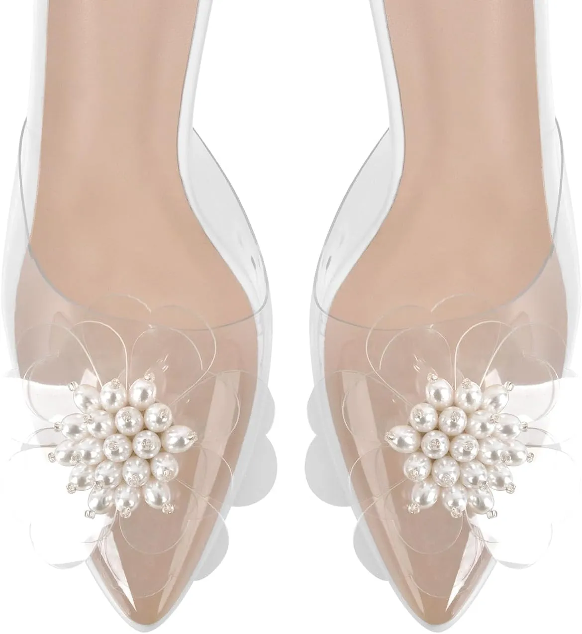 richealnini Women's Pearls Clear Heel Sandals Pointed Toe Stiletto High Heels