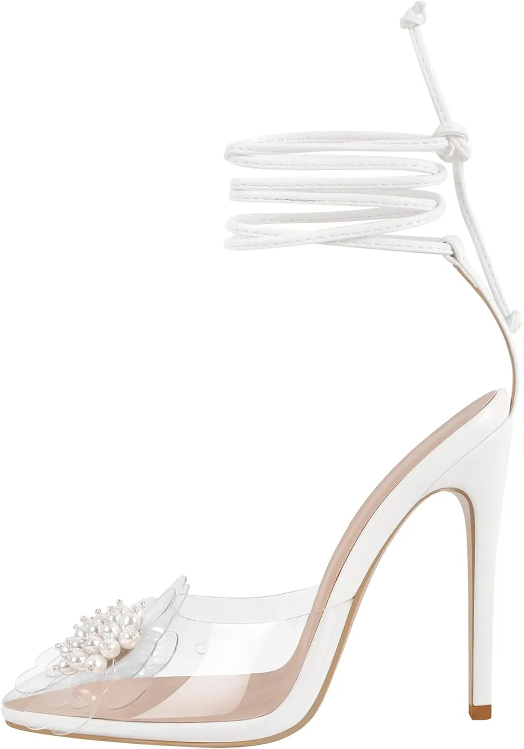 richealnini Women's Pearls Clear Heel Sandals Pointed Toe Stiletto High Heels