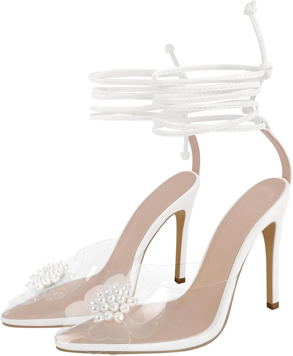 richealnini Women's Pearls Clear Heel Sandals Pointed Toe Stiletto High Heels