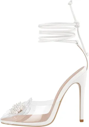 richealnini Women's Pearls Clear Heel Sandals Pointed Toe Stiletto High Heels