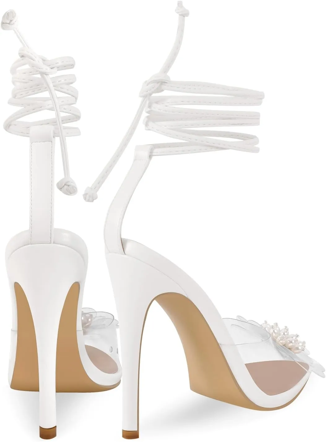 richealnini Women's Pearls Clear Heel Sandals Pointed Toe Stiletto High Heels