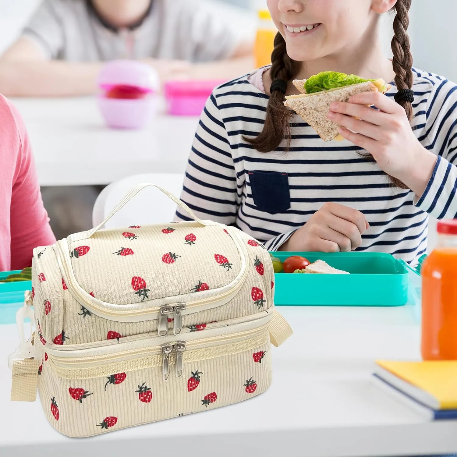 RLGPBON Insulated Lunch Bag for Girls and Women Large Reusable Lunch Box Cute Corduroy Lunch Tote Bags for Work Picnic or Travel