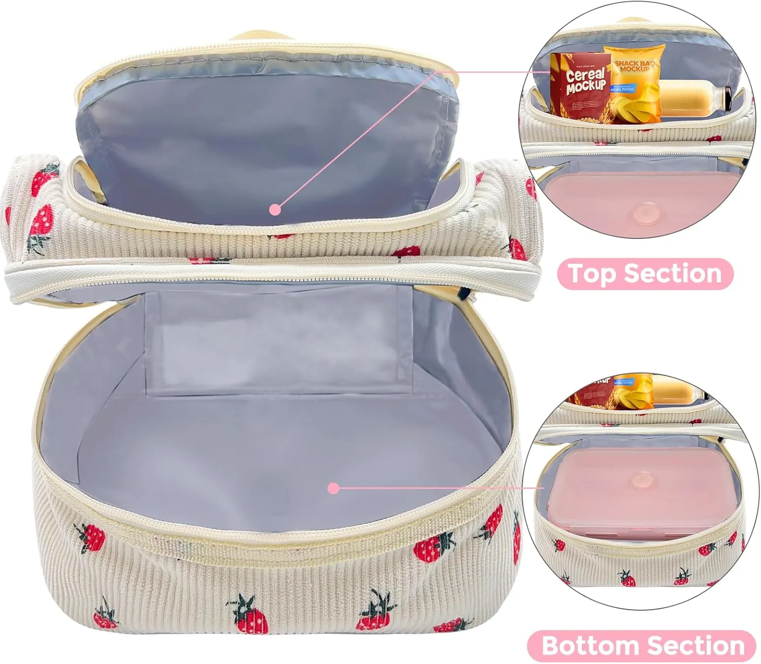 RLGPBON Insulated Lunch Bag for Girls and Women Large Reusable Lunch Box Cute Corduroy Lunch Tote Bags for Work Picnic or Travel
