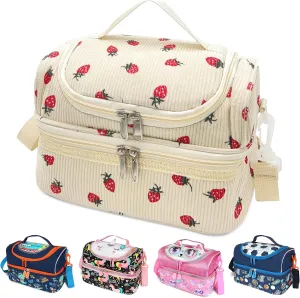 RLGPBON Insulated Lunch Bag for Girls and Women Large Reusable Lunch Box Cute Corduroy Lunch Tote Bags for Work Picnic or Travel