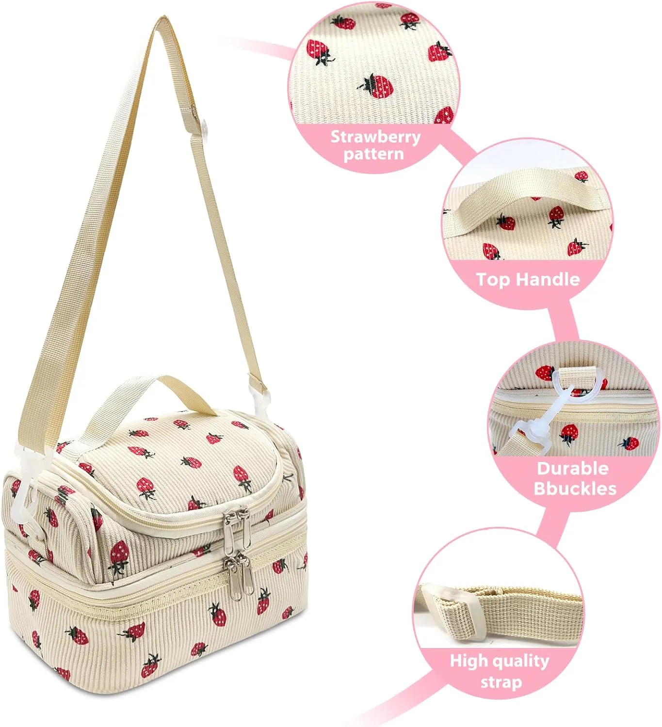 RLGPBON Insulated Lunch Bag for Girls and Women Large Reusable Lunch Box Cute Corduroy Lunch Tote Bags for Work Picnic or Travel