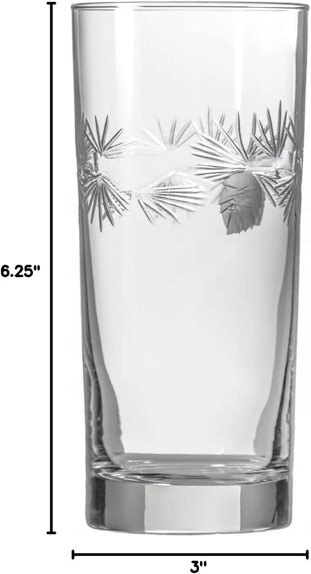 Rolf Glass Icy Pine Highball Glass | 15oz Cooler with Heavy Base | Lead-Free and Diamond-Wheel Engraved | Made in the USA | Pine Needle Design for Winter, Holidays, Christmas, Weddings | Set of 4