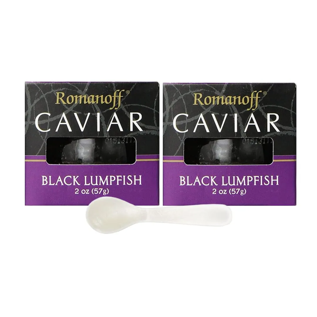 Romanoff Caviar Black Lumpfish, 2 oz (2 PACK) AND Mother of Pearl Caviar Spoon   LuxProdx Sticker