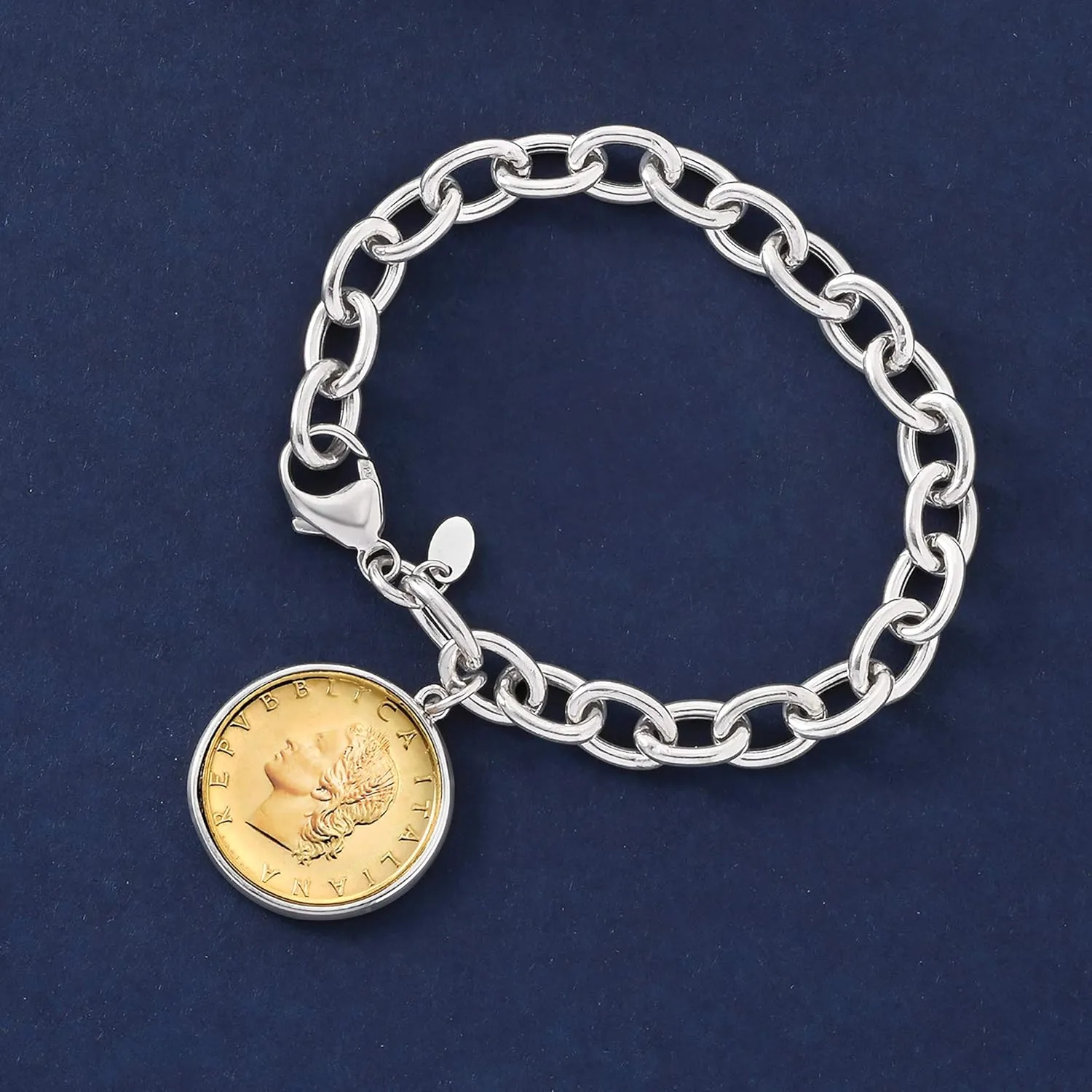 Ross-Simons Italian Genuine 20-Lira Coin Charm Bracelet in Sterling Silver