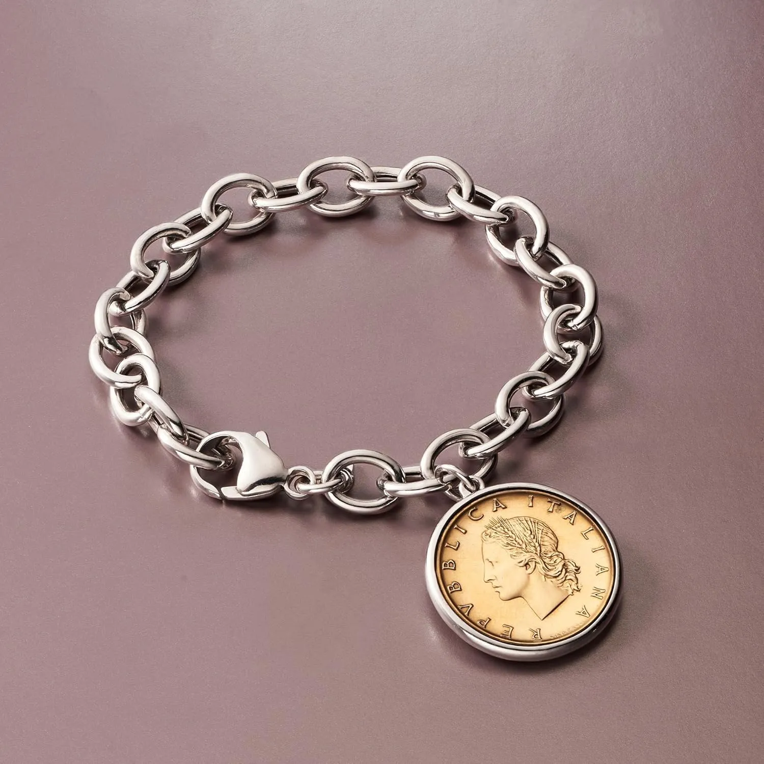 Ross-Simons Italian Genuine 20-Lira Coin Charm Bracelet in Sterling Silver