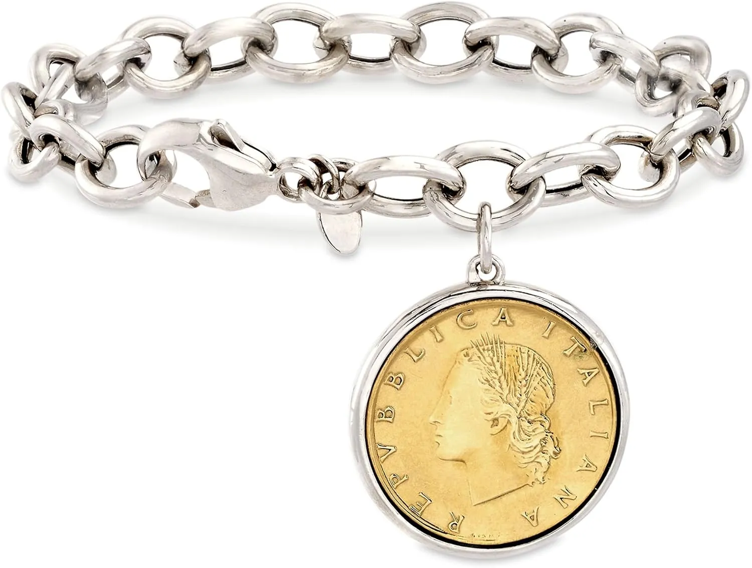 Ross-Simons Italian Genuine 20-Lira Coin Charm Bracelet in Sterling Silver