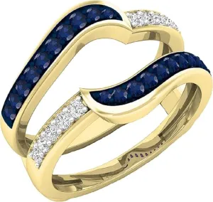 Round Cut Blue Sapphire & Diamond 14k Yellow Gold Finish Engagement Wedding Anniversary Enhancer Wrap Ring Guard For Women's