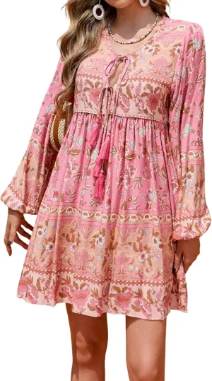 R.Vivimos Womens Long Sleeve Floral Casual Print Cotton Mini Tunic Dress