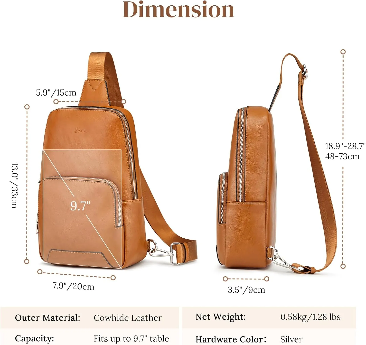 S-ZONE Sling Bag for Women Men RFID Blocking Genuine Leather Crossbody Backpack Sling Purses Fashion Travel Daypack Chest Bags Ladies-Brown