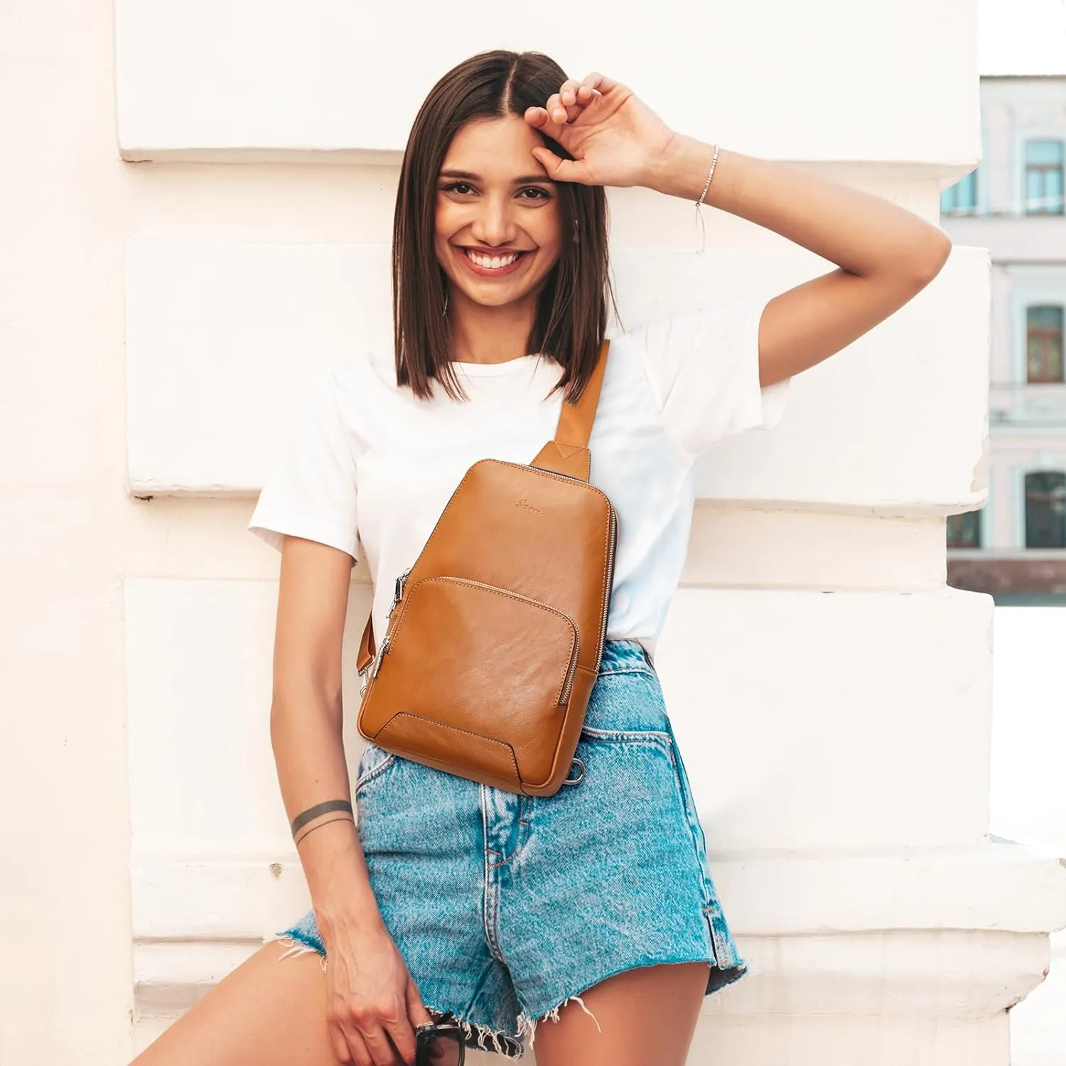 S-ZONE Sling Bag for Women Men RFID Blocking Genuine Leather Crossbody Backpack Sling Purses Fashion Travel Daypack Chest Bags Ladies-Brown